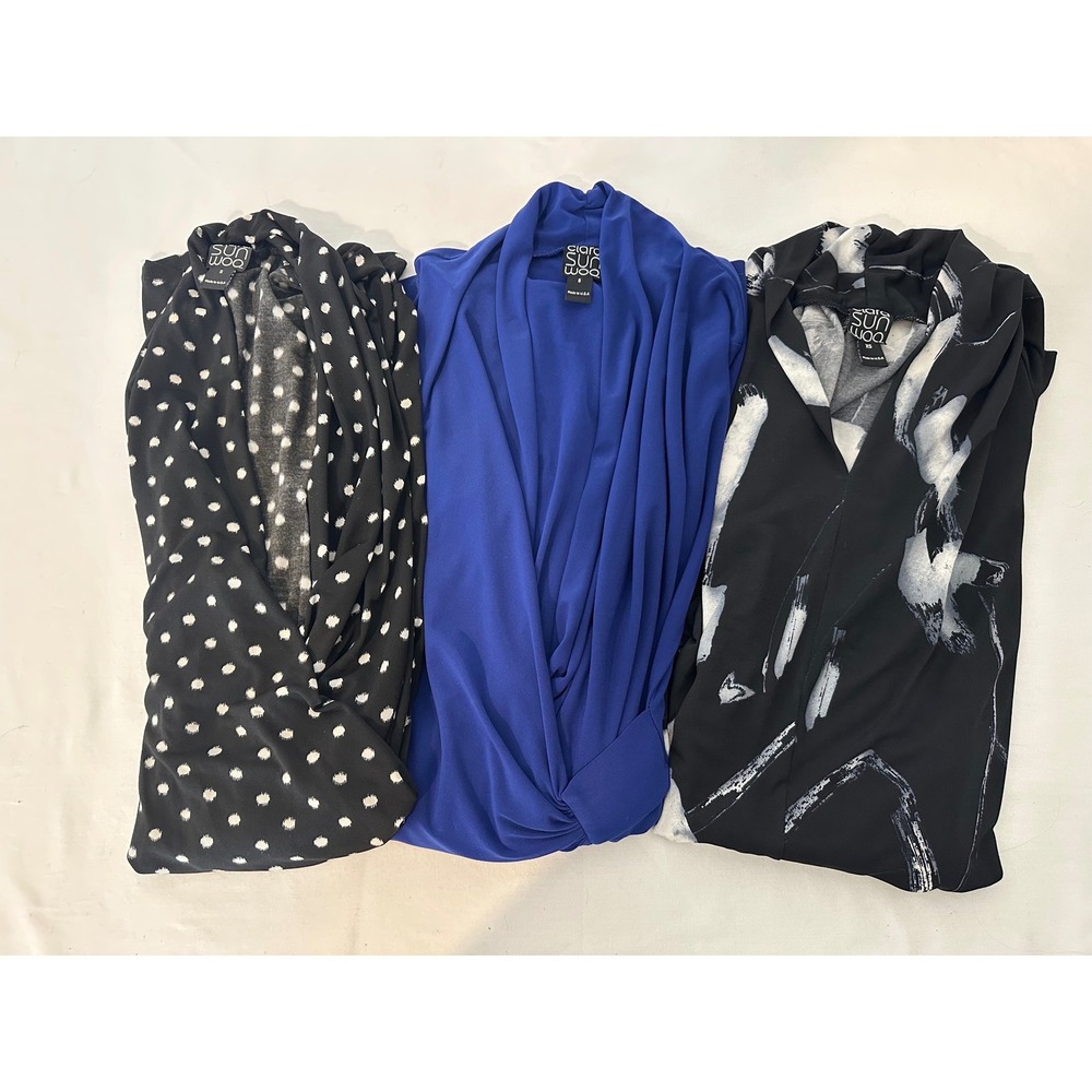Lot 3 Clara Sun Woo 2 Faux Wrap Jersey Knit Dresses Sz S 1 Shift 3/4‎ Sleeve XS
